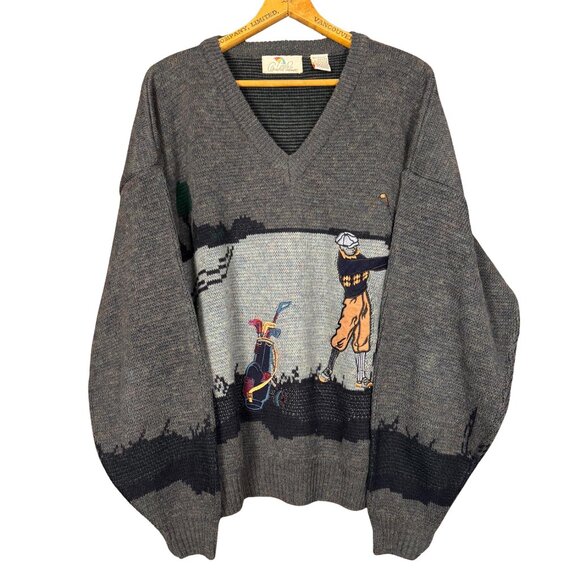 Vintage Arnold Palmer Golf Sweater XL – 90s Golf Scene Knit, Grandpa V-Neck - Picture 1 of 9
